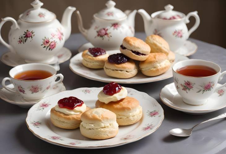 Delectable Clotted Cream Tea Fresh Scones with Jam and Clotted Cream Served with Tea