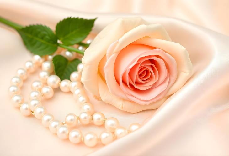 Delicate Beauty Pearl Beads and Cream Rose on Silk Background