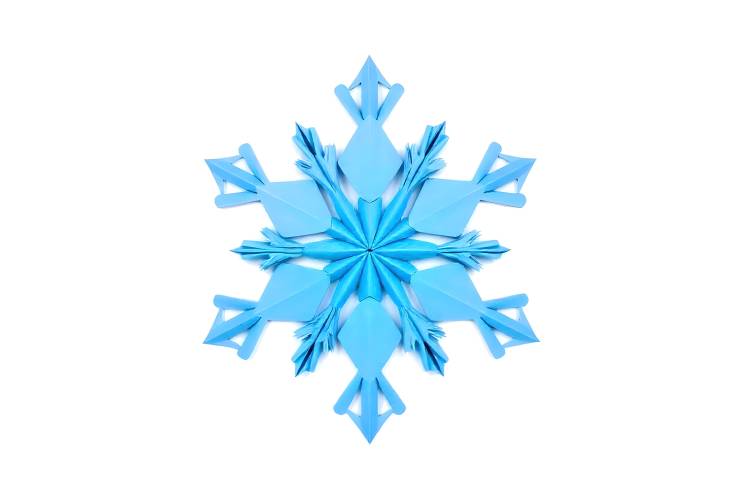 Delicate Blue Origami Snowflake Isolated on White for Winter Decor