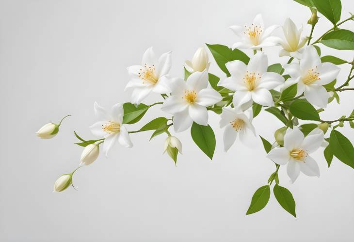 Delicate Jasmine Flowers Floating in the Air Against a White Background