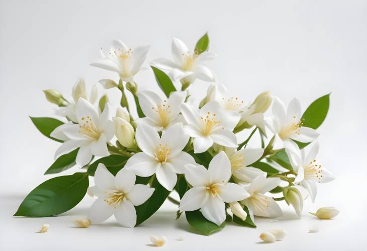 Delicate Jasmine Flowers in Air on a Pure White Background