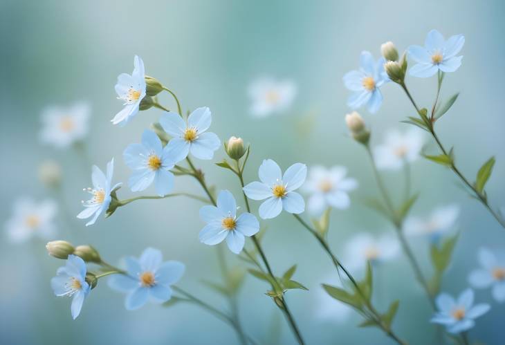 Delicate Spring Forest Flowers in Macro Soft Focus on Blue Background