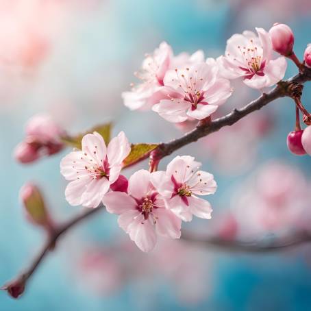 Delicate Spring Scene with Pink Cherry Blossoms on a Blue and Pearl Pastel Background, Macro Art