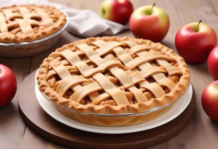 Delicious Apple Pie with Golden Crust and Fresh Apples Close Up on Table