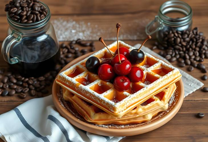 Delicious Belgian waffles topped with cherries, honey, powdered sugar, and Turkish coffee on wooden