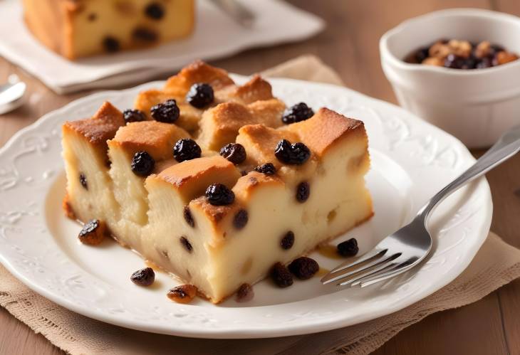 Delicious Bread Pudding Sweet, Spiced Dessert with Raisins and Stale Bread,