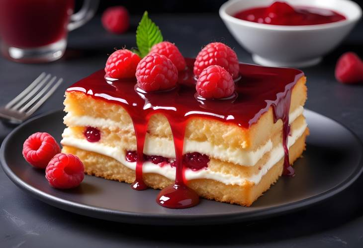 Delicious Cake with Raspberry Sauce and Cream Pastry Snack Cake on Dark Background, Close Up