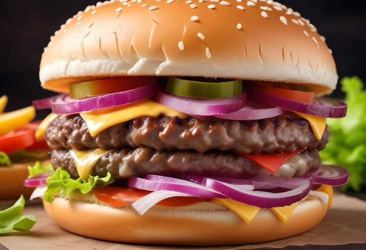 Delicious Cheeseburger with Red Onion and Cheese Melted Close Up