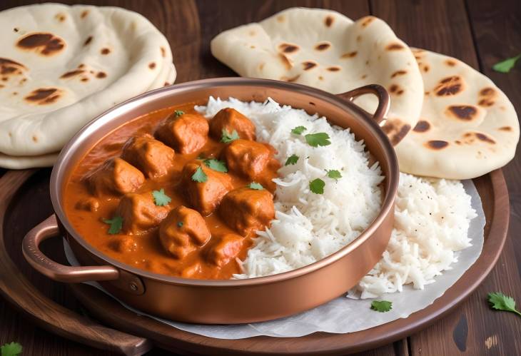 Delicious Chicken Tikka Masala with Naan and Rice in a Copper Pan on a Wooden Background