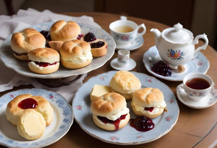 Delicious Clotted Cream Tea Scones with Jam and Cream Paired with Tea