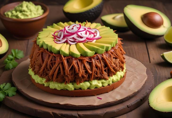 Delicious Cochinita Pibil Cake Beef with Avocado and Onion, Traditional Mexican Recipe