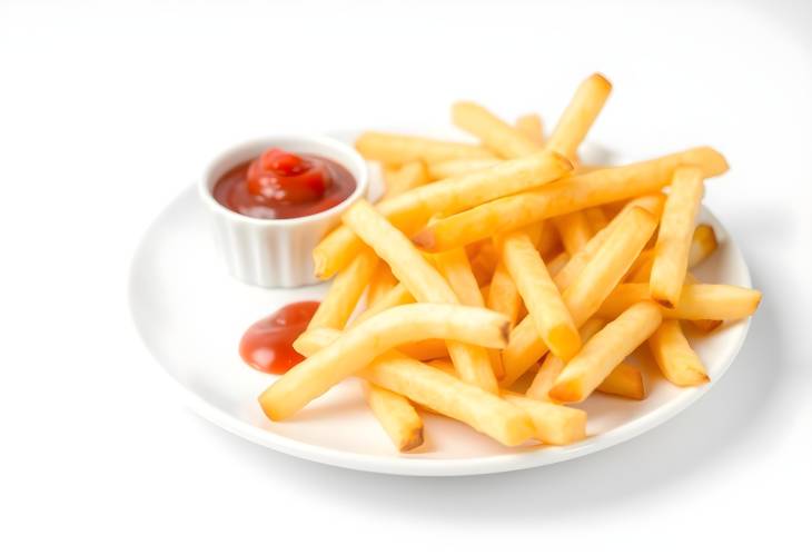 Delicious french fries with ketchup on a white plate, a classic crispy snack