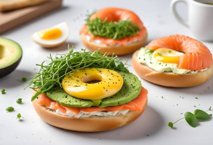 Delicious healthy bagel with salmon, avocado, microgreens, and egg, a nutritious breakfast choice