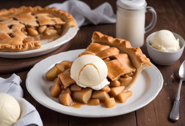 Delicious homemade apple pie with a flaky crust, served with a scoop of vanilla ice cream