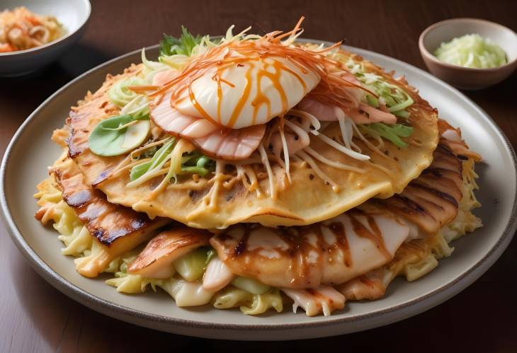 Delicious Okonomiyaki Japanese Pancake with Savory Cabbage, Seafood, and Flavorful Toppings