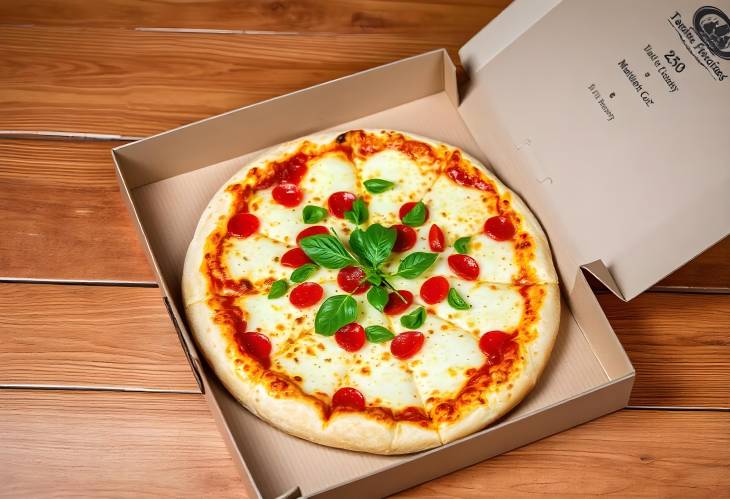 Delicious Pizza in a Box on Rustic Wooden Background Fresh and Tasty