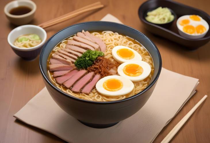 Delicious Ramen Japanese Soup with Rich Broth, Noodles, Meat, Eggs, and Vegetables