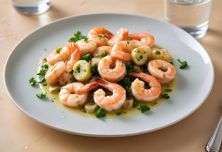 Delicious Sauted Shrimp with Garlic and Parsley on a Plate with Sparkling Water