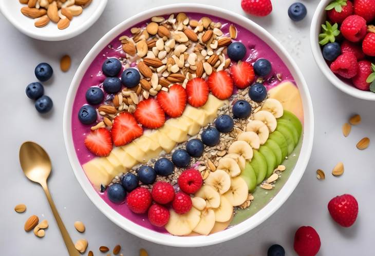 Delicious Smoothie Bowl Topped with Berries, Nuts, and Honey