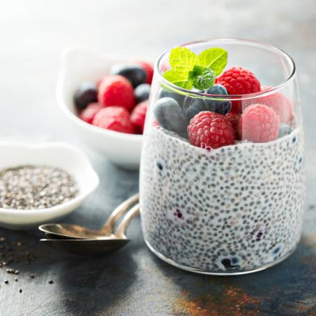 Delicious Vanilla Chia Pudding with Berry Mix in a Glass