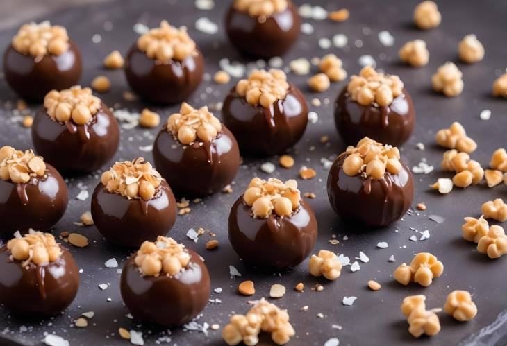 Delicious Vegan Chickpea and Peanut Butter Candies Chocolate Glaze with Coconut Chips, Energy Balls