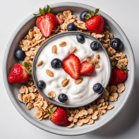 Delicious Yogurt with Fresh Strawberries, Berries, and Cereals