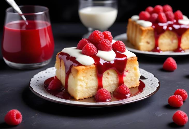 Delightful Cake with Raspberry Sauce and Cream Pastry Treat on Dark Background, CloseUp