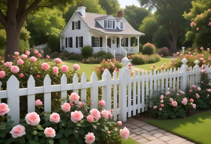 Delightful Cottage Garden with Roses, Winding Paths, and a Classic White Picket Fence