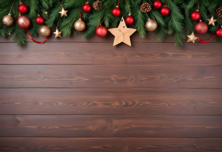 Delightful New Years Background with Wooden Boards, Pine Branches, Christmas Ornaments, Star