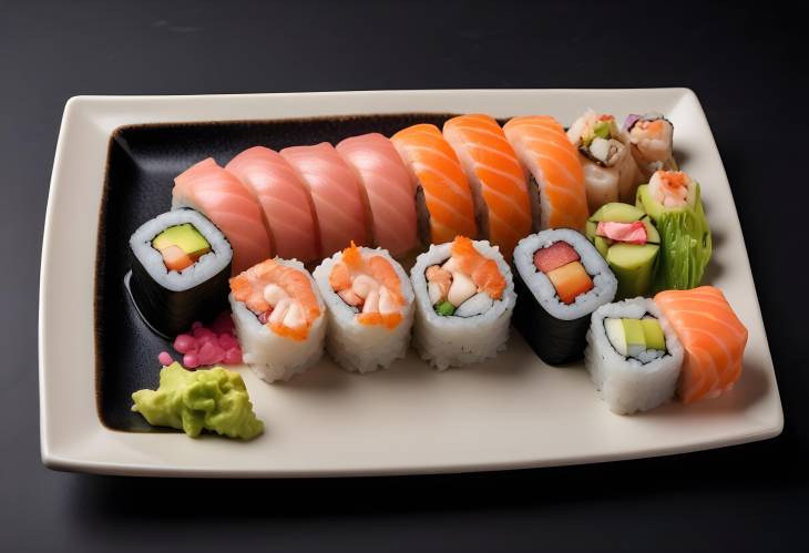 Delightful Rainbow Sushi Roll with Fresh Seafood and Avocado on Black