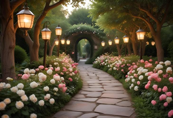 Delightful Romantic Garden Pathway Decorated with Colorful Blooming Flowers and Warm Lanterns