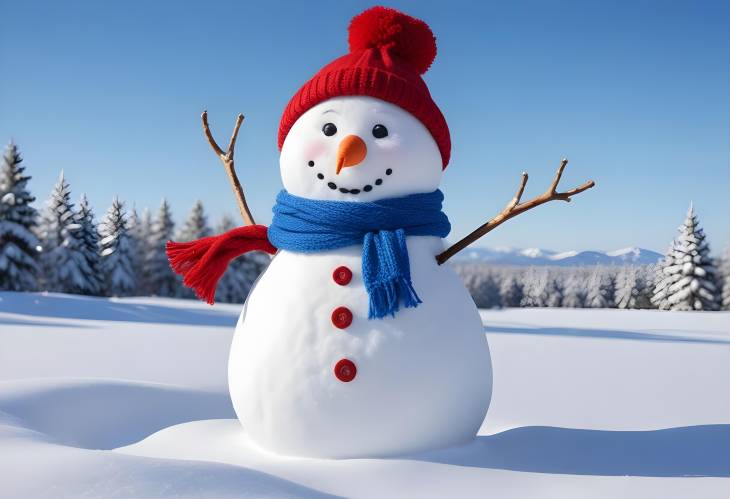 Delightful Snowman in Red Hat and Scarf on Snowy Field with Blue Sky  Ideal for a Christmas Card