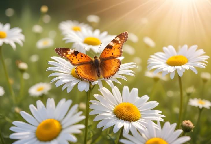 Delightful Summer Natural Banner with Wild Daisies and Butterfly in Spring Sunlight