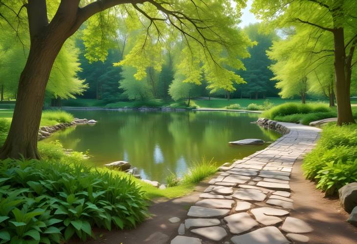 Delightful Summer Spring Landscape with a Lake, Green Foliage, and Stone Path in the Sunlight