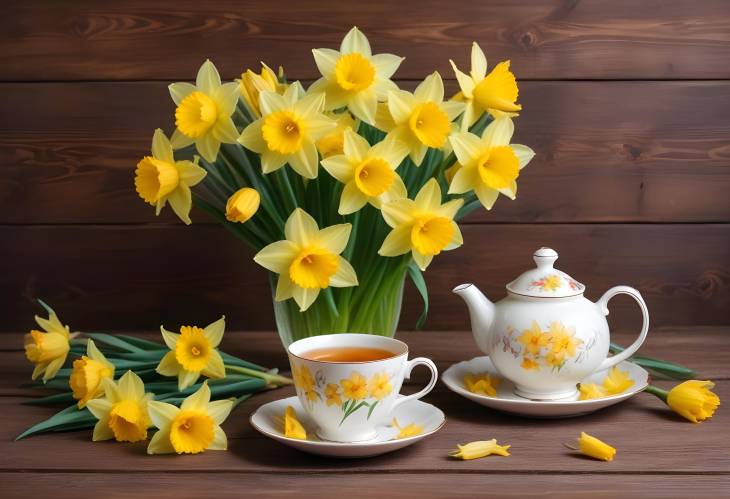 Delightful Tea Moment Daffodils and Cozy Comfort