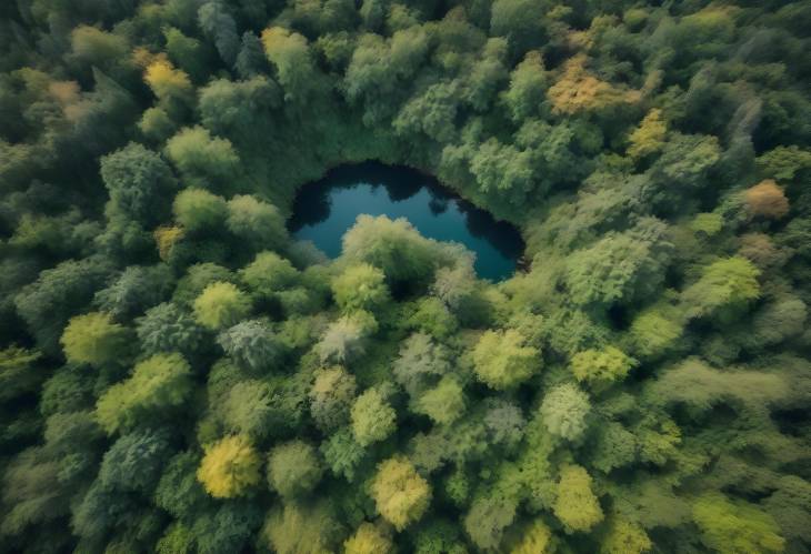 Dense Autumn Forest with Lake Aerial Panorama