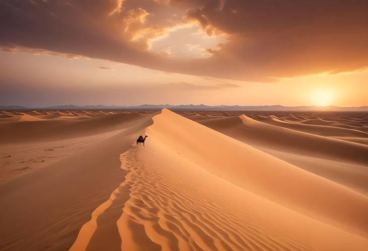 Desert Scenery with Rolling Dunes and Silhouetted Camel at Sunset