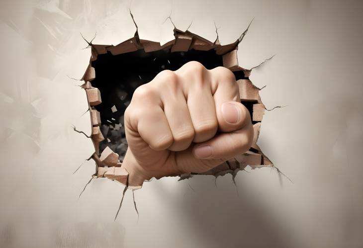 Destruction of a Wall by a Fist Symbolizing Strength and Breaking Through Limits