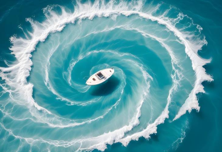 Detailed Aerial Shot of a White Boat in a Turquoise and Azure Whirlpool with Sunlight Reflecting