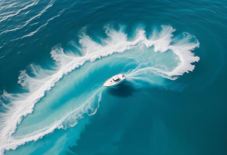 Detailed Aerial View of a Small White Boat in a Large Turquoise Whirlpool with Azure Water