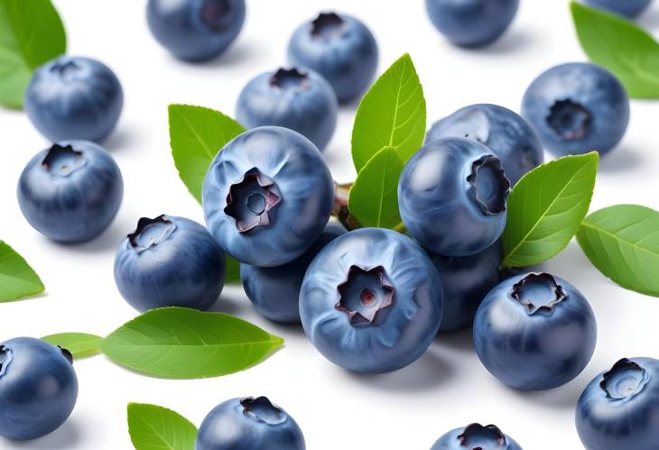 Detailed Blueberry with Leaves Isolated on White Background and Bilberry in Full Depth of Field