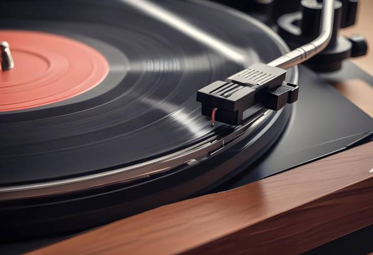 Detailed Close Up of a Classic Vinyl Record Player, with the Needle Gently Resting on the Grooves