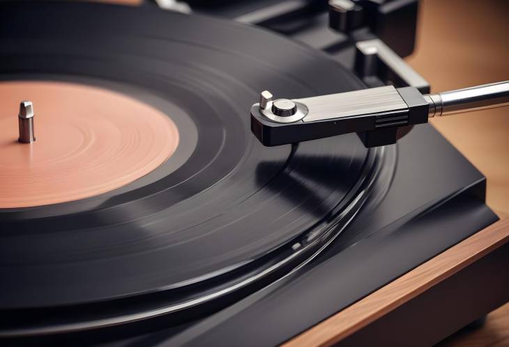 Detailed Close Up of a Classic Vinyl Record Player, with the Needle Gently Resting on the Grooves