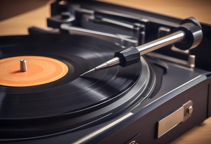 Detailed Close Up of a Classic Vinyl Record Player, with the Needle Gently Resting on the Grooves