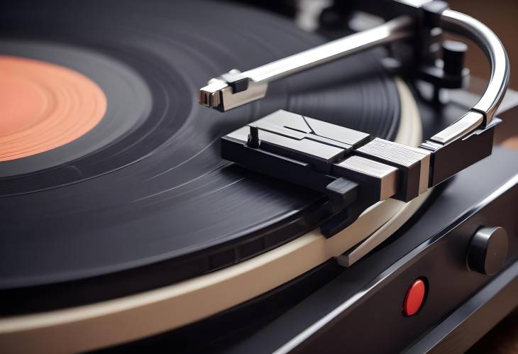 Detailed Close Up of a Classic Vinyl Record Player, with the Needle Gently Resting on the Grooves