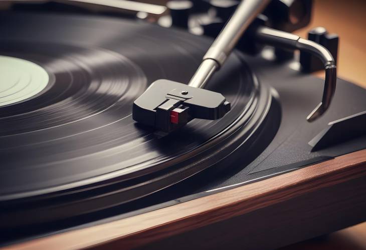 Detailed Close Up of a Classic Vinyl Record Player, with the Needle Gently Resting on the Grooves