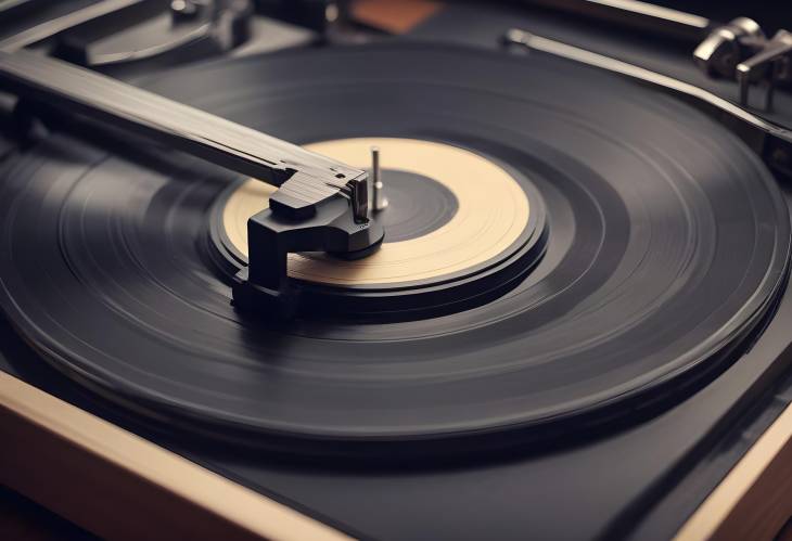 Detailed Close Up of a Classic Vinyl Record Player, with the Needle Gently Resting on the Grooves o