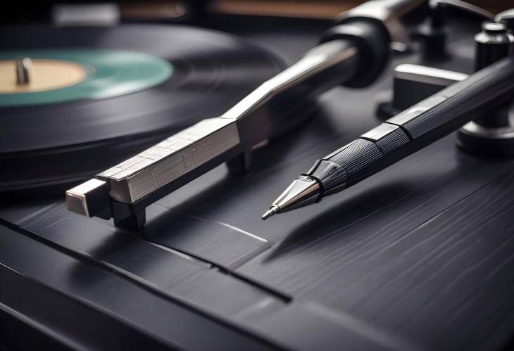 Detailed Close Up of a Classic Vinyl Record Player, with the Needle Gently Resting on the Grooves