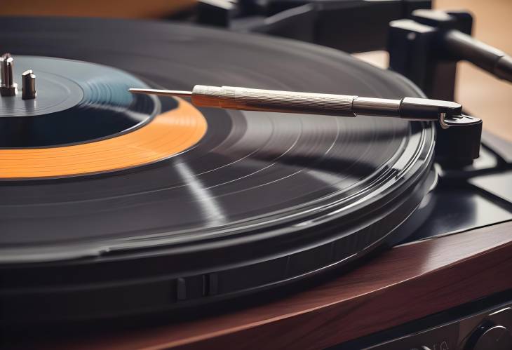 Detailed Close Up of a Classic Vinyl Record Player, with the Needle Gently Resting on the Grooves