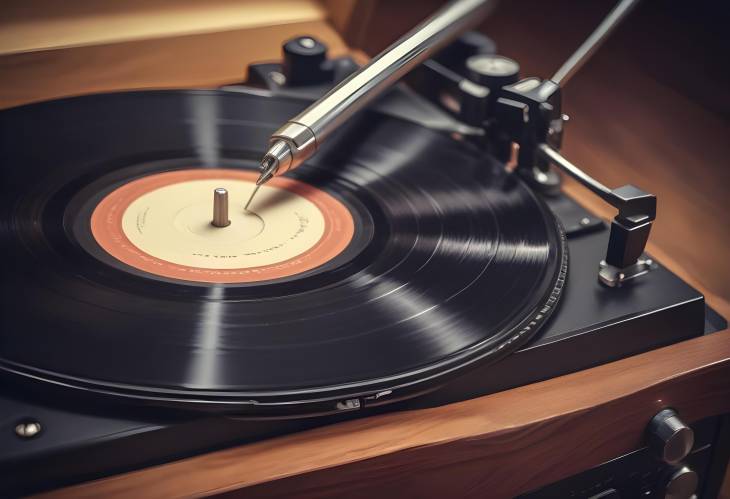 Detailed Close Up of a Classic Vinyl Record Player, with the Needle Gently Resting on the Grooves